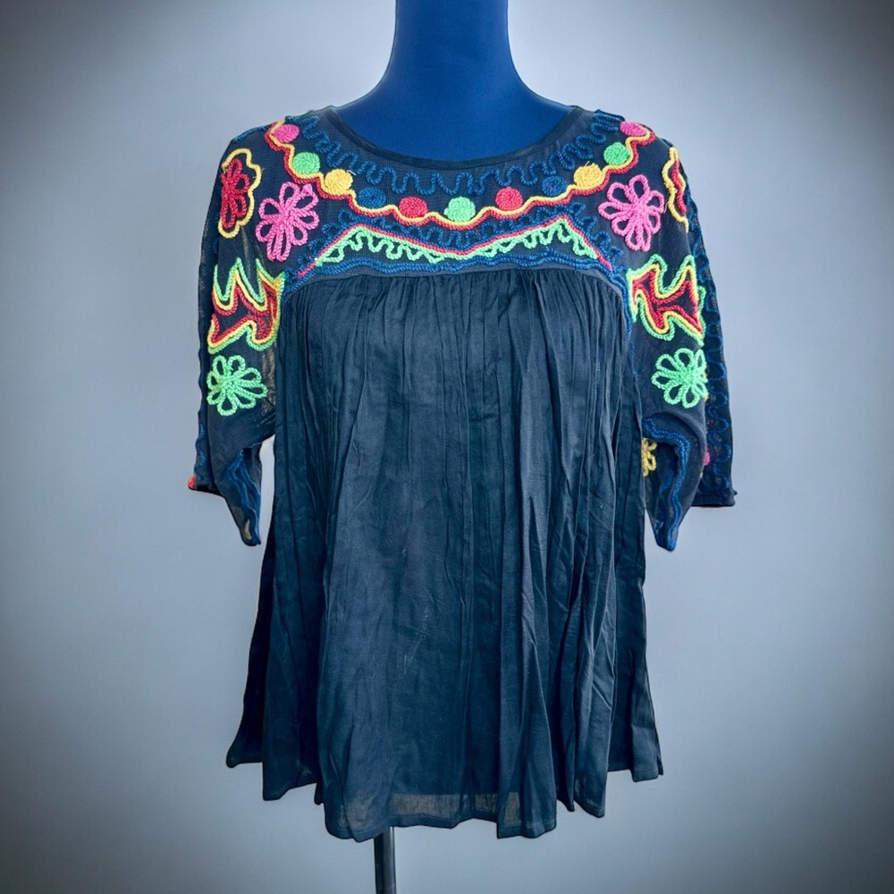 NEW! Anthropologie Free Generation Los Angeles Black Boho Embroidered Blouse